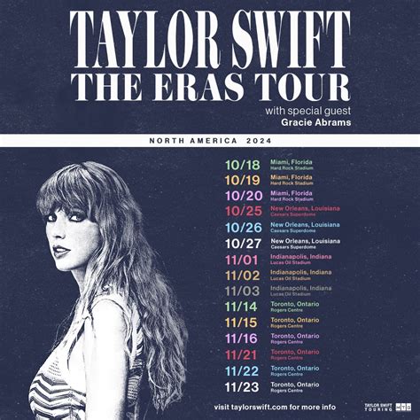 Aug 3, 2023 · Taylor Swift Eras Tour Dates 2024 North America list. Oct. 18, 2024 - Miami, Florida (Hard Rock Stadium) Oct. 19, 2024 - Miami, Florida (Hard Rock Stadium) Oct. 20, 2024 - Miami, Florida (Hard ... 